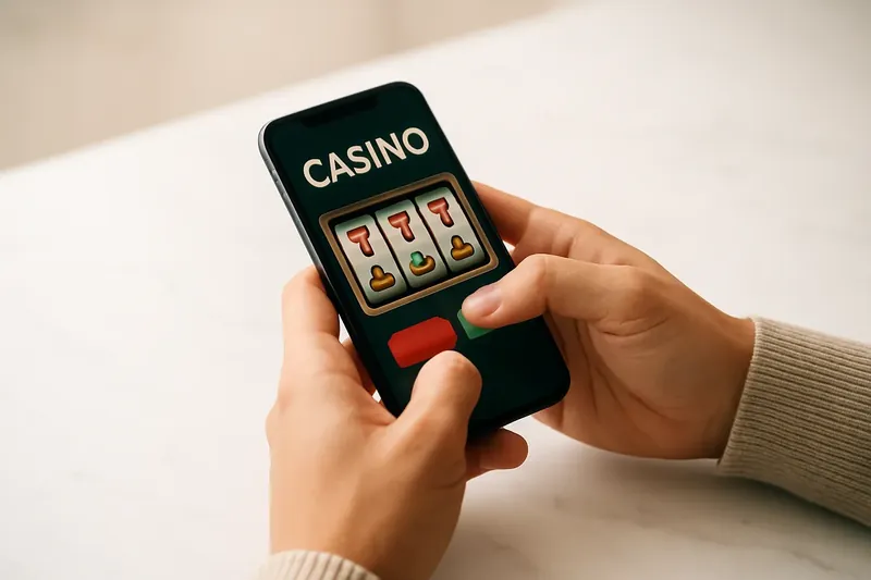 Close-up hands holding smartphone with casino app on marble surface