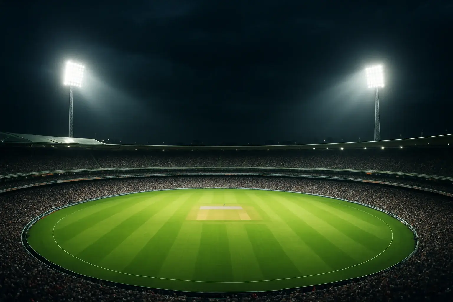 Aerial night view of cricket stadium with floodlights and vibrant green pitch