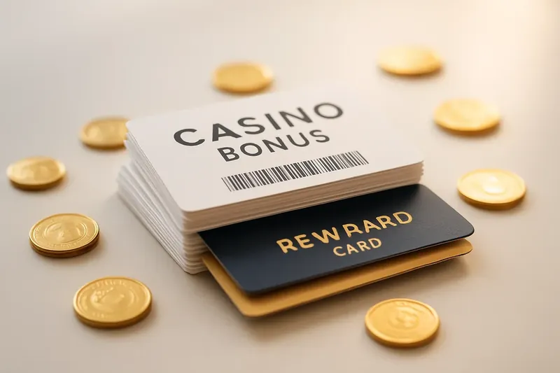 Stack of casino bonus vouchers and reward cards with gold coins