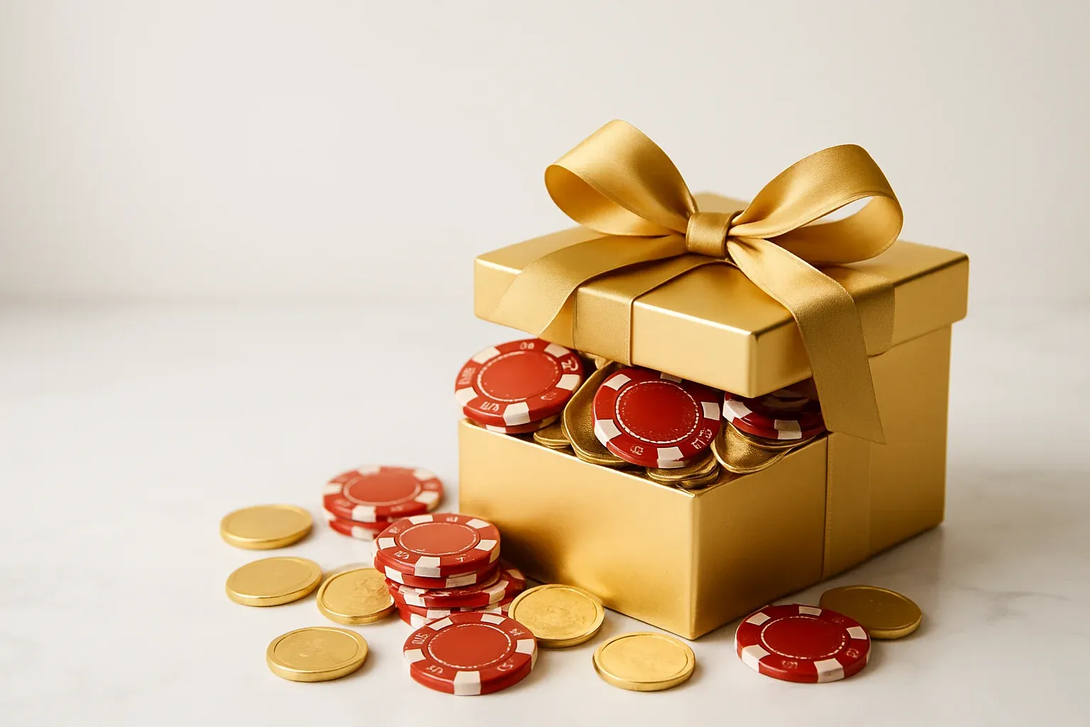 Golden gift box overflowing with poker chips and gold coins