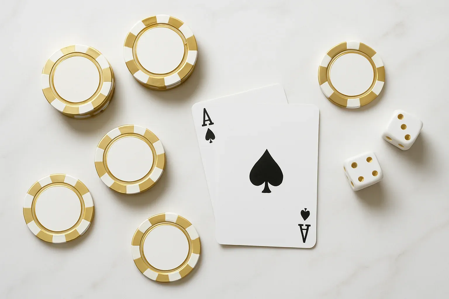 Elegant casino chips, cards and dice on white marble with gold accents