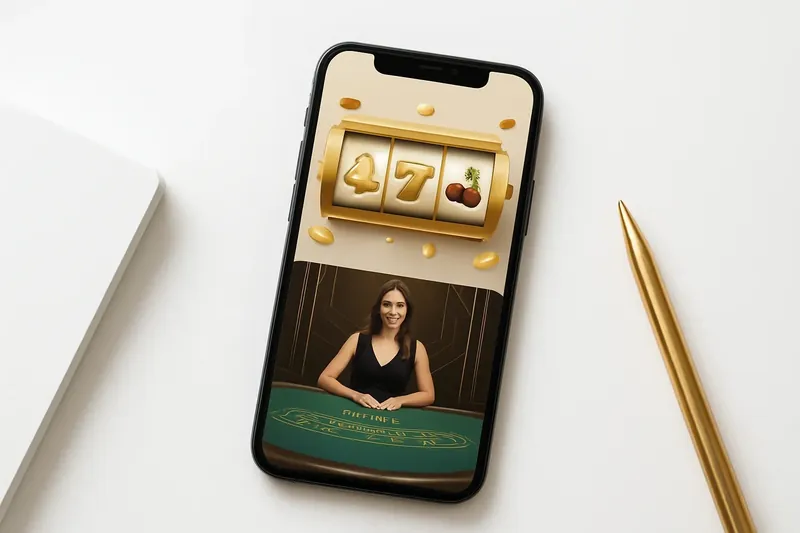 Mobile phone displaying casino app with slots and live games
