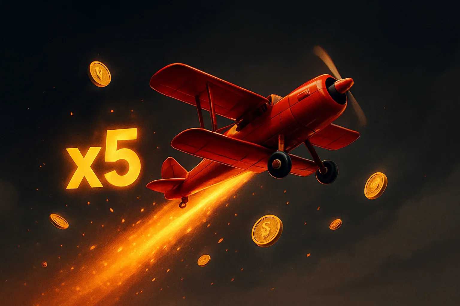 Red airplane climbing with glowing multiplier trail, coins, sparks, neon accents