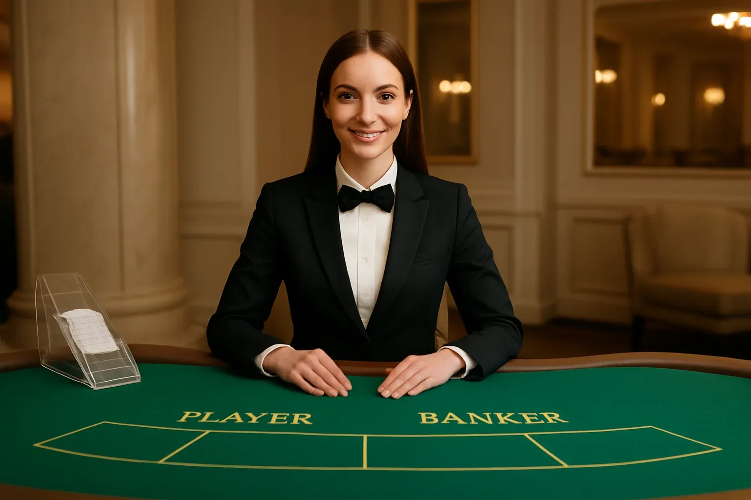 Professional female dealer at elegant live baccarat table in casino