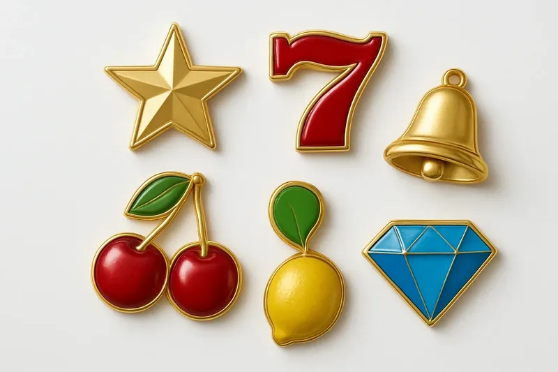 Assorted slot game icons with fruit, diamonds, lucky 7s, and stars