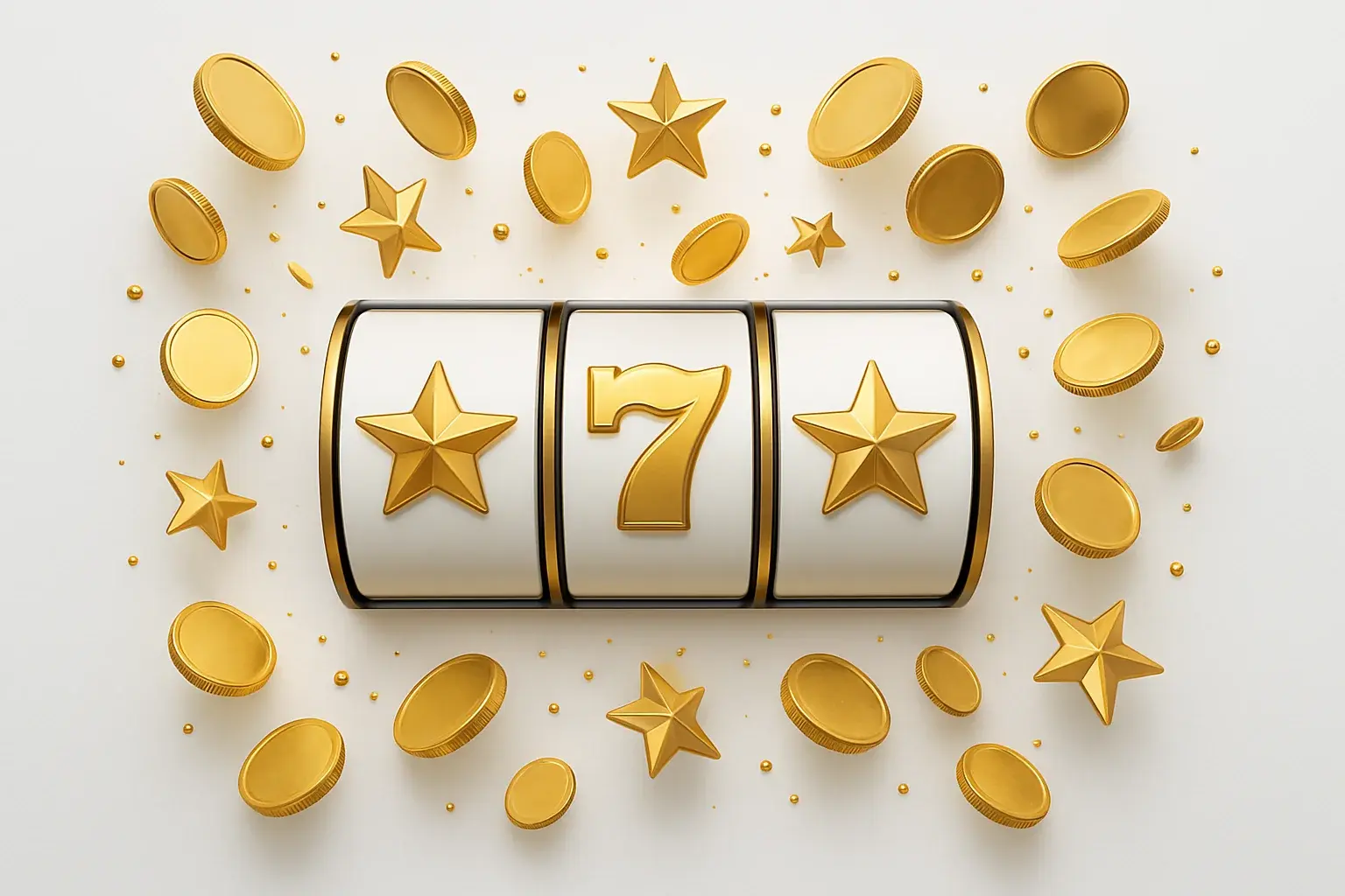 Colorful slot machine reels with gold symbols, coins, and stars bursting